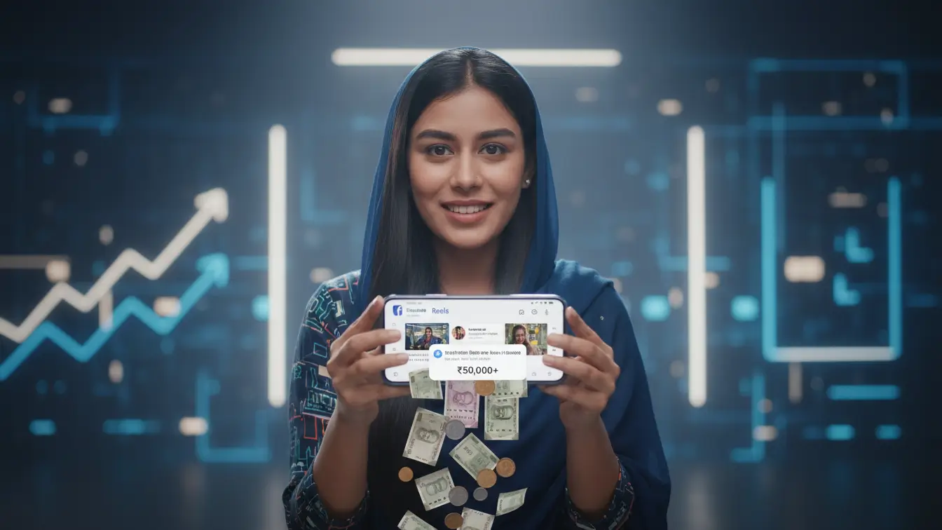 Facebook Reels से पैसे कमाने का तरीका दिखाती हुई featured image जिसमें content creator मोबाइल फोन से ऑनलाइन कमाई करता हुआ दिख रहा है