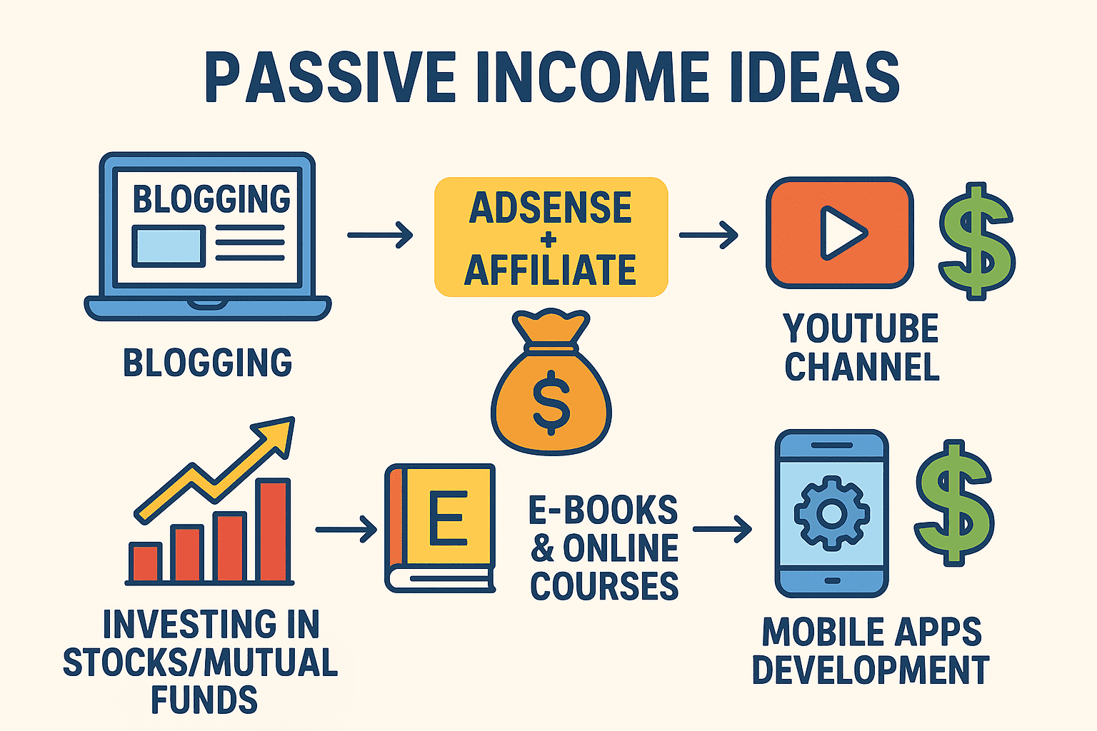 Infographic showing best passive income ideas like blogging, YouTube channel, investing in stocks, e-books, online courses, and mobile app development