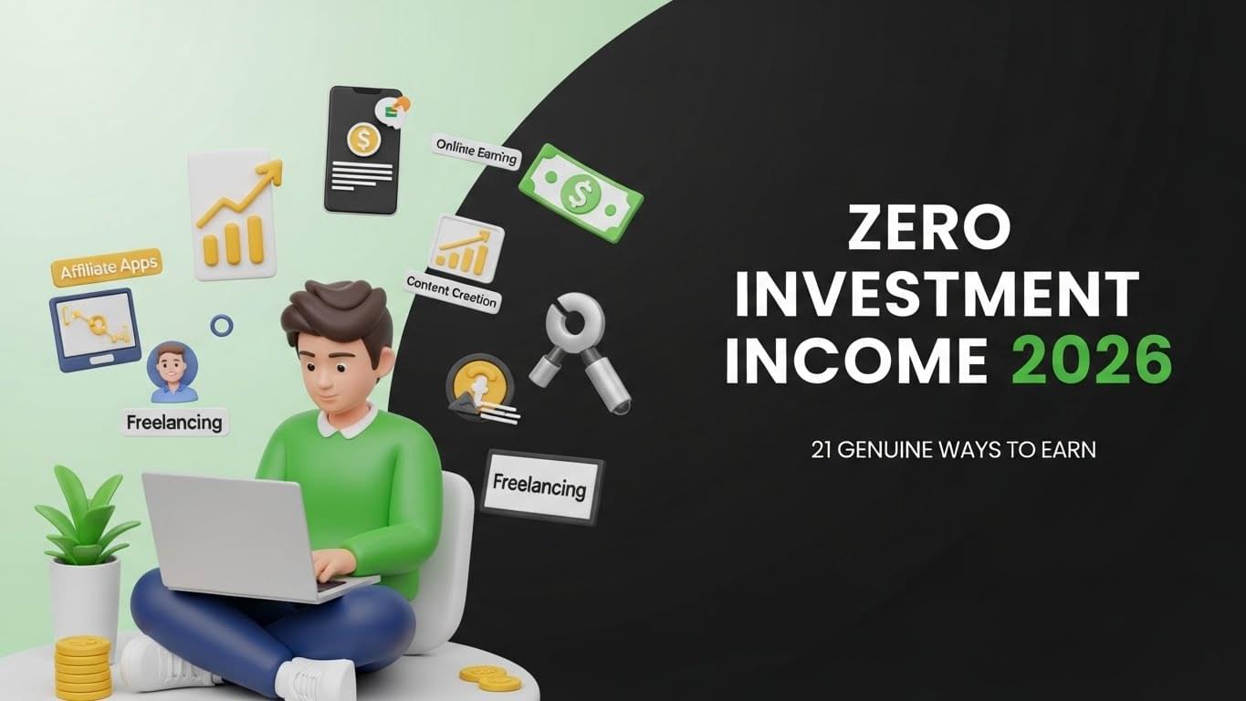 लैपटॉप पर काम करता व्यक्ति, ऑनलाइन Zero Investment Income के आइकन्स और 2026 में बिना पैसा लगाए कमाई के तरीकों का ग्राफिक